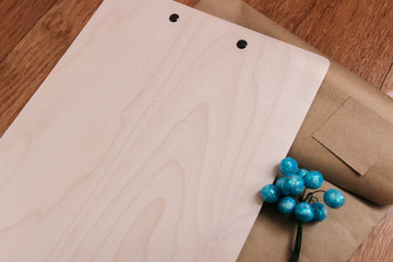 White tablet from wood for leading. wooden dokument holder