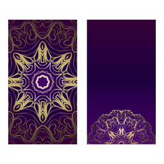 Ethnic Mandala Ornament. Templates With Mandalas. Vector Illustration For Congratulation Or Invitation. The Front And Rear Side. Luxury, purple godl color