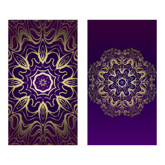 Ethnic Mandala Ornament. Templates With Mandalas. Vector Illustration For Congratulation Or Invitation. The Front And Rear Side. Luxury, purple godl color