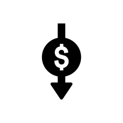 Cost reduction icon. Dollar Down Icon. dollar decrease icon. Money symbol with arrow stretching rising drop fall down. 