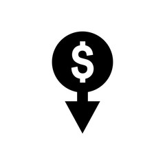Cost reduction icon. Dollar Down Icon. dollar decrease icon. Money symbol with arrow stretching rising drop fall down. 