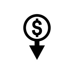 Cost reduction icon. Dollar Down Icon. dollar decrease icon. Money symbol with arrow stretching rising drop fall down. 