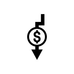 Cost reduction icon. Dollar Down Icon. dollar decrease icon. Money symbol with arrow stretching rising drop fall down. 