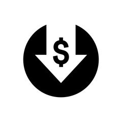 Cost reduction icon. Dollar Down Icon. dollar decrease icon. Money symbol with arrow stretching rising drop fall down. 