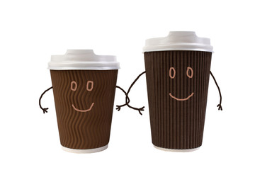 A pair of funny paper cups of coffee, tea, hand in hand. On a walk. Isolated white background.