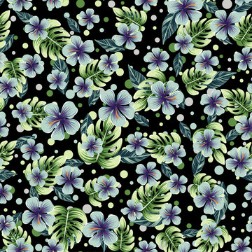 a seamless colorful pattern with tropical plants