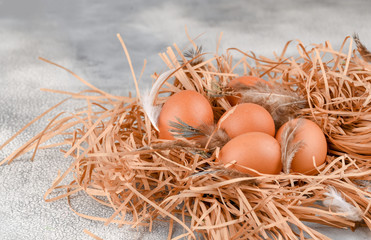 Many eggs lie on the background of hay, top view.