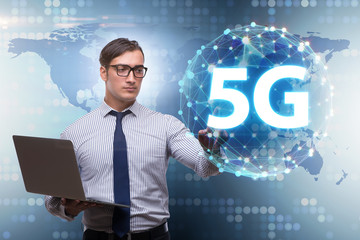 5g internet concept with businessman pressing buttons
