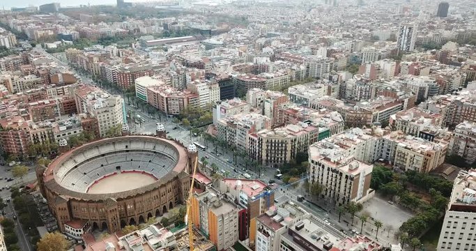 Aerial view of Eixample district and La Monumental, bullfighting arena of Barcelona, Catalonia, Spain