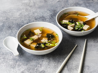 Japanese miso soup with oyster mushrooms in a white bowls with a spoon and white chopsticks on a grey background. copy space