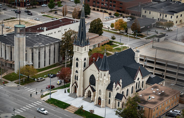 St Mary&rsquo;s Catholic and First Baptist Churches, K Street at 14th, Lincoln, Nebraska, Viewed from Nebraska Capitol dome.