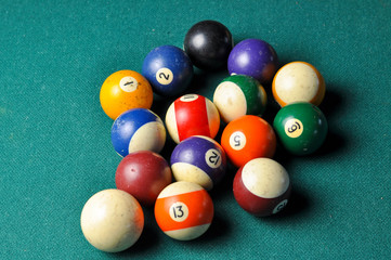 Old billiard balls composition on green pool table