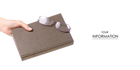 Books and glasses for vision in hand pattern on a white background. Isolation