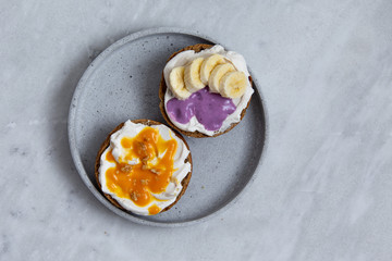 sandwiches with fruits and berries. View from above with copy space