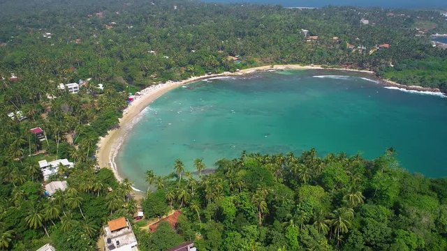 Aerial. Surf beach Hiriketiya, Dikwella, Sri Lanka. 