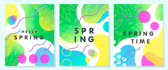 Set of unique spring cards with bright gradient backgrounds; tiny leaves; fluid shapes and geometric elements in memphis style.Abstract layouts perfect for prints; flyers; banners; invitations;covers.
