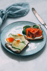 Smorrebrod - danish open sandwich with red caviar, fish, vegetables, cheese on marble background. Top view with copy space