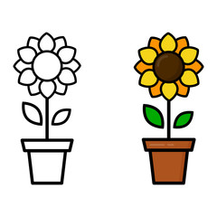 cartoon cute sunflower vector outline and colored in a pot 