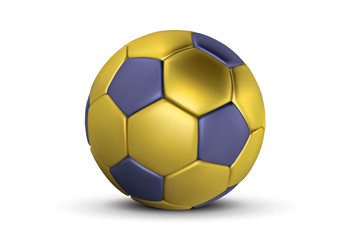 Fototapeta premium Gold Blue soccer ball on white background. Realistic 3d golden football ball. Bronze blue football ball.
