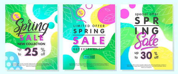 Spring special offer banners.Trendy promo layouts with gradient backgrounds,fluid shapes and geometric elements in memphis style.Sale posters perfect for prints,flyers,banners,promos,special offers.