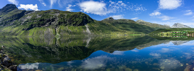 Fototapeta na wymiar Wide panorama of Eidsvatnet lake near Geirangerfjord with amazing reflections in the water, Sunnmore, More og Romsdal, Norway