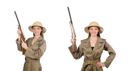 Woman wearing safari hat on white