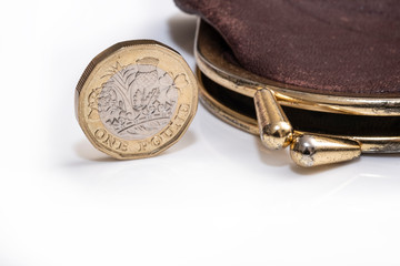 UK money image, pound coin next to purse