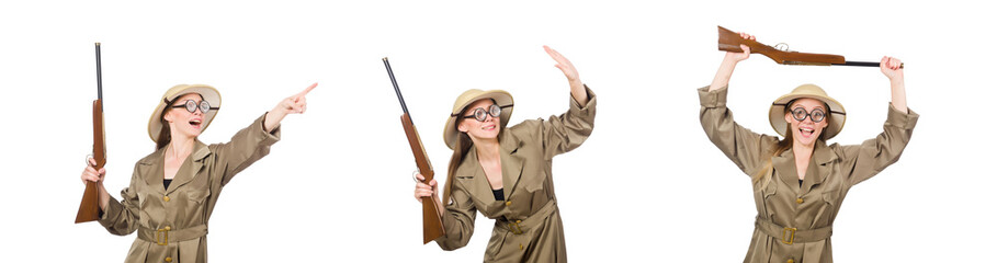 Woman wearing safari hat on white