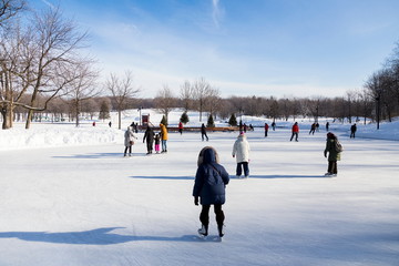 Fototapeta premium Warmly dressed people skating on frozen lake surrounded by pristine snowy landscape during beautiful sunny day, Beaver Lake, Mount Royal, Montreal, Quebec, Canada