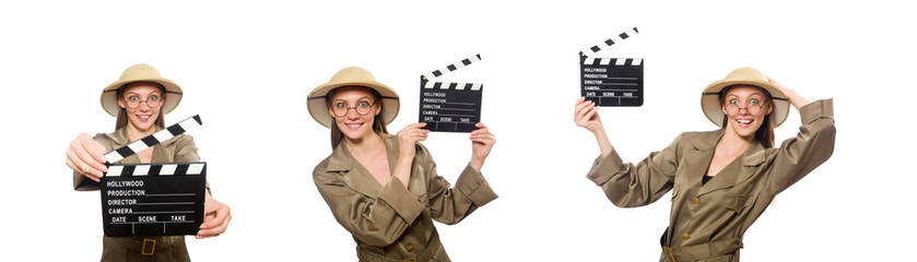 Woman wearing safari hat on white