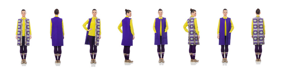 Pretty caucasian model in purple vest isolated on white