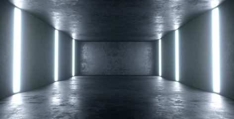 Empty high detailed concrete room with light stripes and reflections. 3D illustration. 