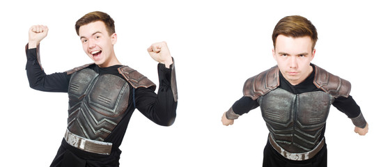 Young funny man in armour suit 