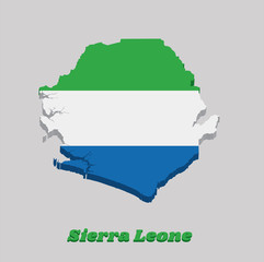 3d Map outline and flag of Sierra leone, A horizontal tricolor of light green, white and light blue.