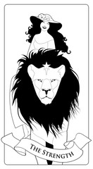 Major Arcana Tarot Cards. The Strength. Beautiful and young girl wearing a hat adorned with a flower and the symbol of infinity, riding on the back of a domesticated lion.