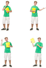Fototapeta premium Young student with notes isolated on white 