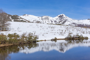 Incredible view of a snowy mountain in Picos de Europa, Leon (Spain), reflected on a lake.