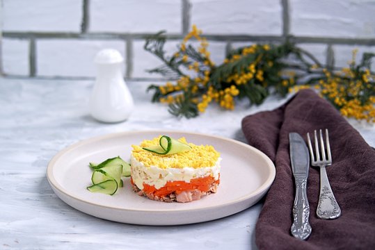 Traditional Russian salad Mimosa with boiled pink salmon, carrots, onions and eggs on a gray concrete background. Served on ceramic plates, decorated with sliced fresh cucumber