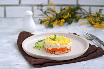 Traditional Russian salad Mimosa with boiled pink salmon, carrots, onions and eggs on a gray concrete background. Served on ceramic plates, decorated with sliced fresh cucumber