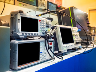 Scientific research. Laboratory with electronic equipment. Monitor. Racks with equipment for...