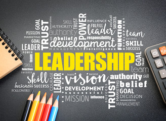LEADERSHIP word cloud on desktop, business concept background
