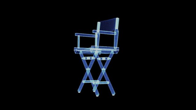 The hologram of a director's chair. 3D animation of headmaster chair on a black background with a seamless loop