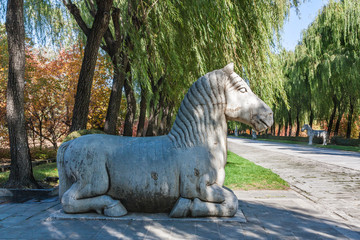 Beijing, China, October 24, 2011: Kneeling horse statue on the ancient Ming Dynesty Tomb Alley...