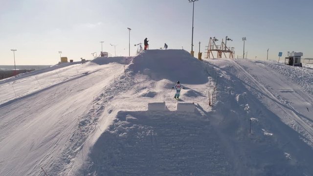 Mogul skiing, downhill from the mountains