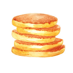 Watercolor yellow pancakes no filling on top, isolated in white background. Can be used for menu, template, cards, invitations