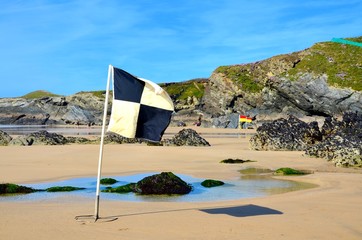 Beach Flags, Lusty Glaze Beach, Newquay, Cornwall