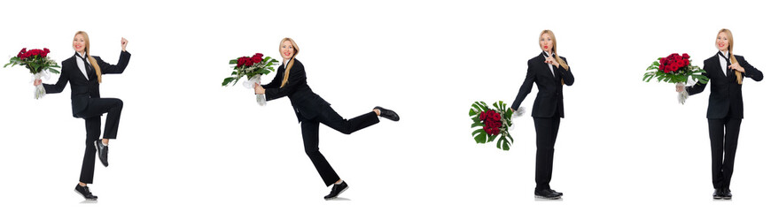 Businesswoman with bunch of flowers isolated on white 