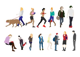 Group of people doing sport, work, walking with animal, business vector, illustration
