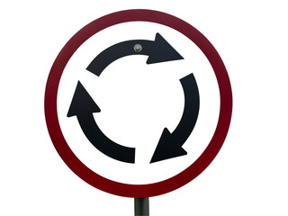 Traffic sign are roundabout on isolate white background.Cycle symbol on white.