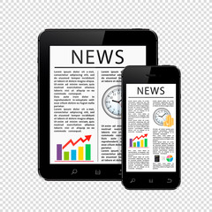 News articles on tablet pc and mobile phone isolated on transparent background
